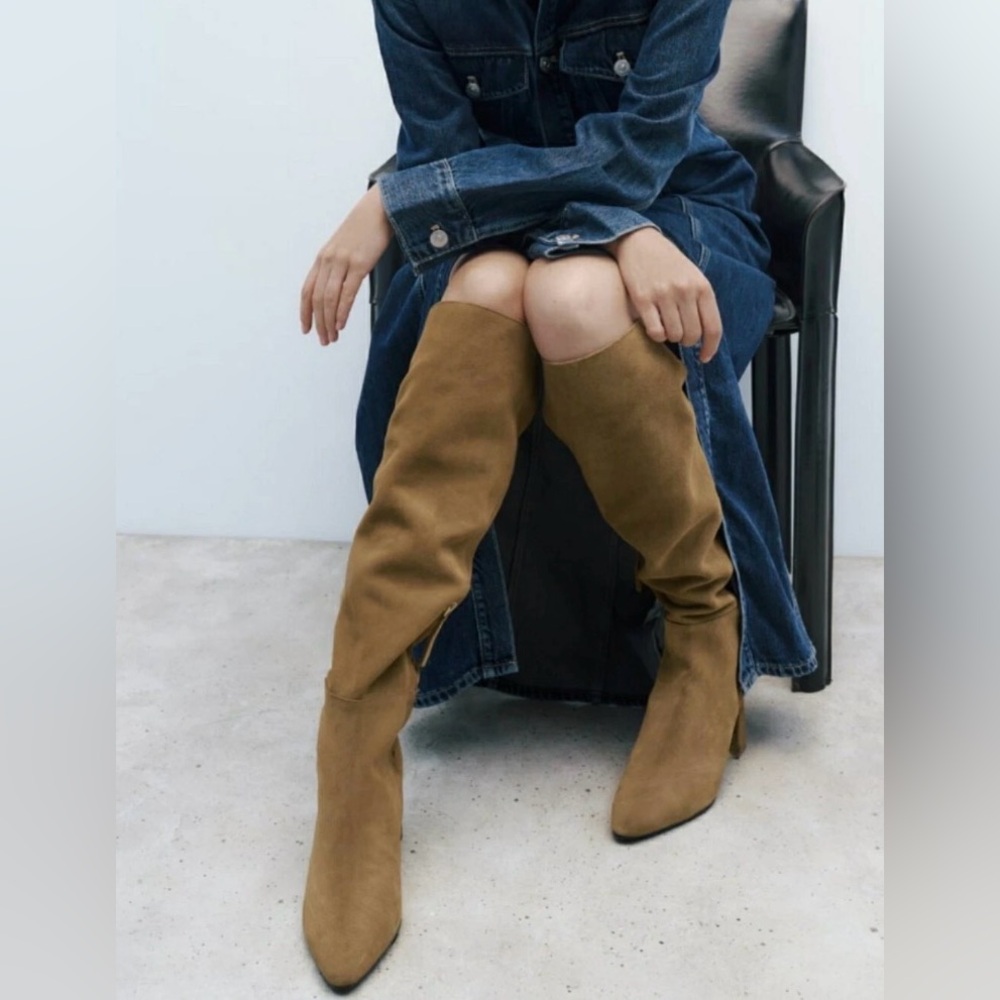 ZARA | Heeled Suede over the knee Boots | Sandy Brown